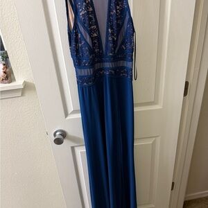 Morgan & Co. Navy Backless Lace Dress